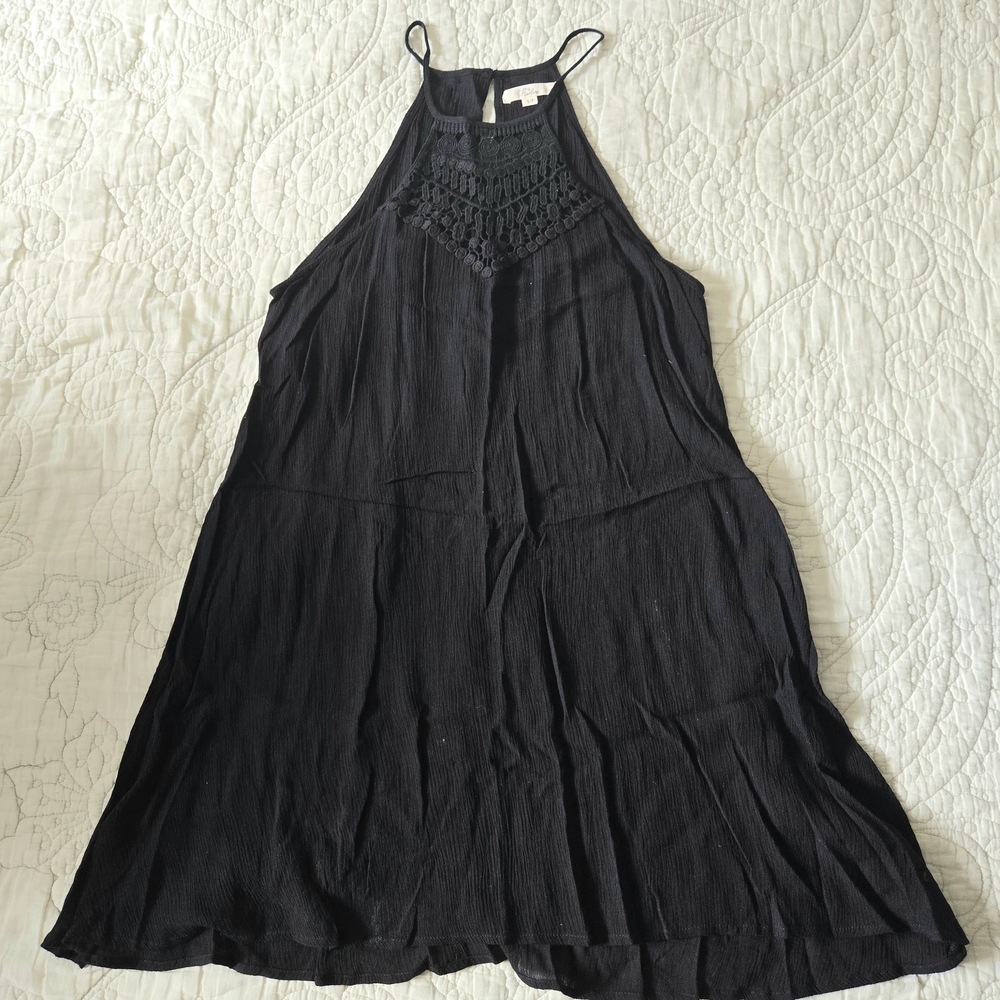 Harlow black boho crochet mini dress, flowy, lightweight, small + new